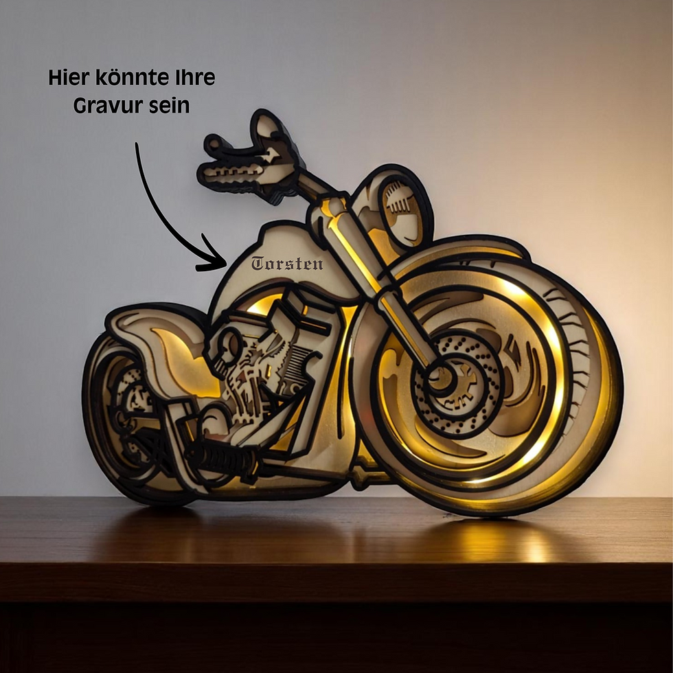 Miniaturbild: Holzbild Motorrad mit LED Beleuchtung als Biker Wanddeko aus mehrschichtigem Holz.