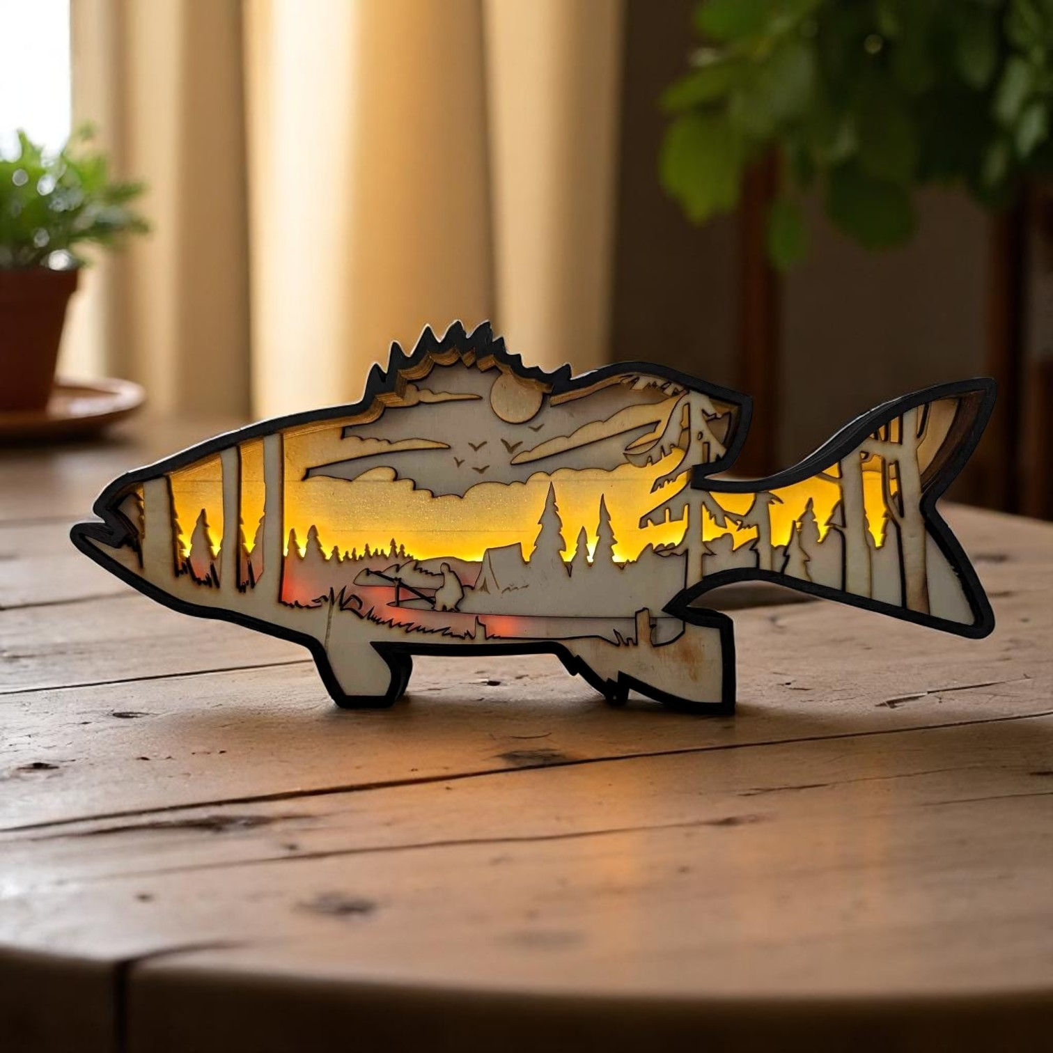 Holzbild Angler mit LED Beleuchtung aus mehrschichtigem Holz an der Wand.