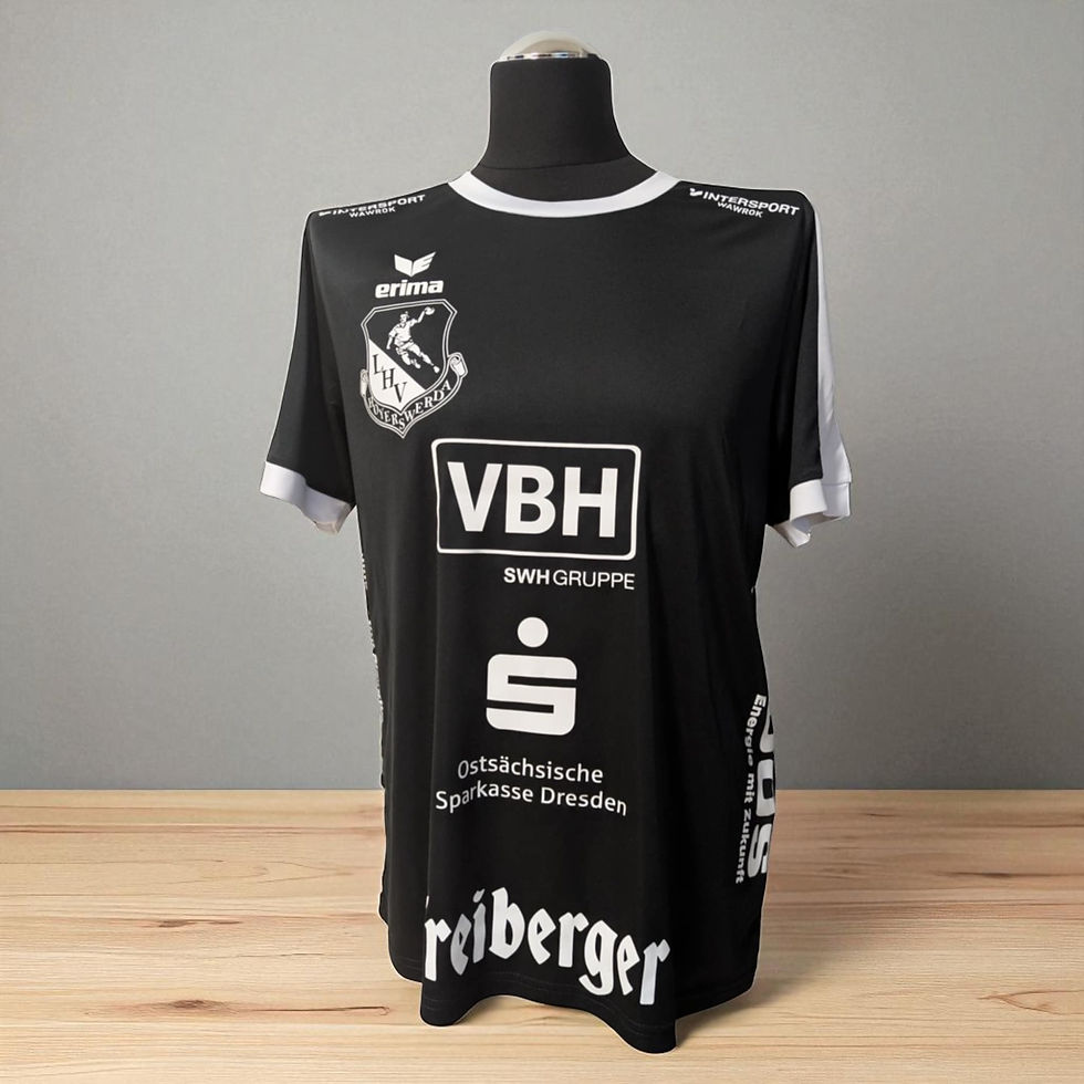 Schwarzes LHV Auswärtstrikot mit Vereinslogo und Sponsorenaufdruck, offizielles Handball Trikot mit weißen Details.
