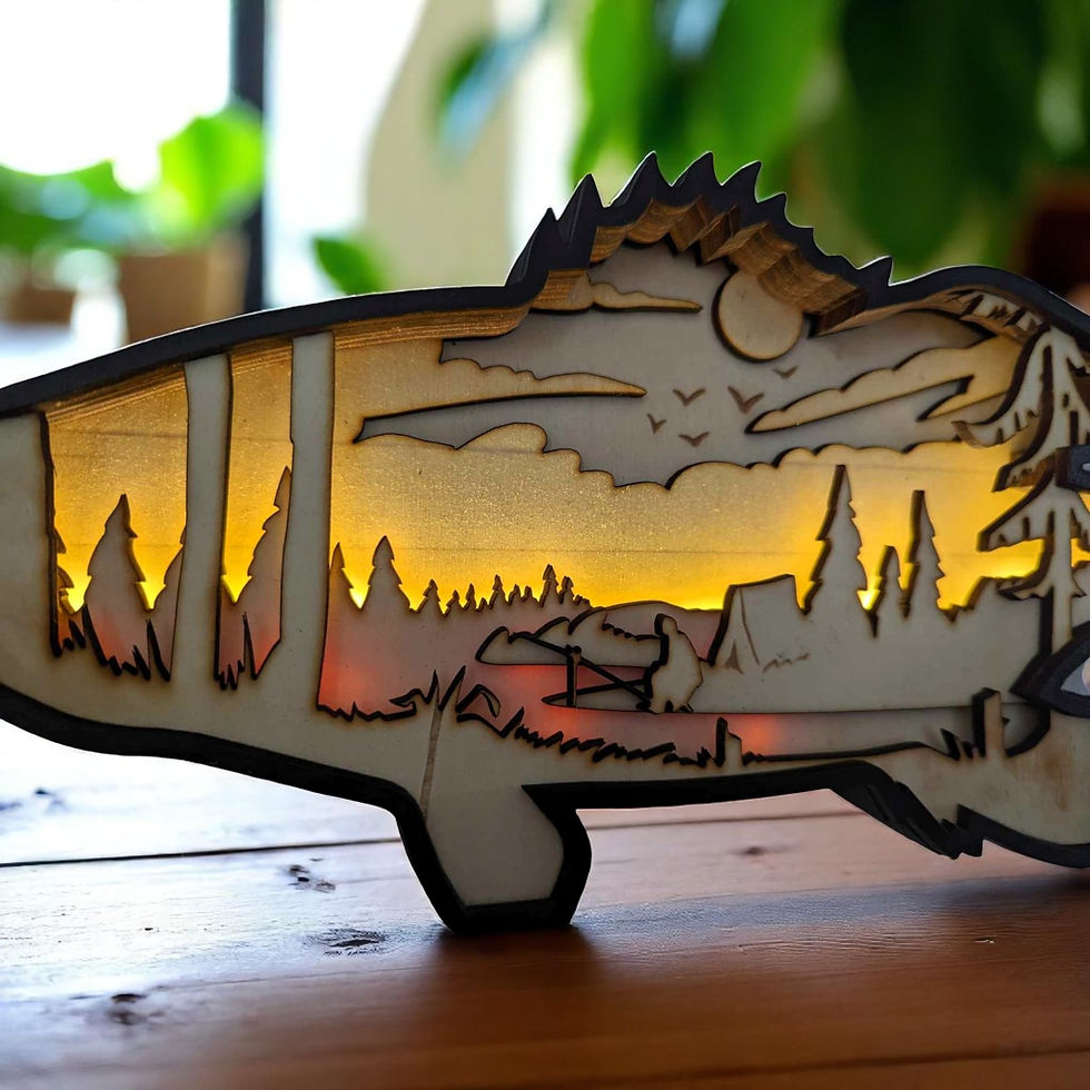 Miniaturbild: Holzbild Angler mit LED Beleuchtung aus mehrschichtigem Holz an der Wand.