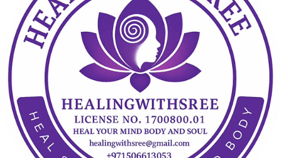 Purple logo with a silhouette, lotus design, and text: "HEALINGWITHSREE," contact details, and slogan "HEAL YOUR MIND BODY AND SOUL."