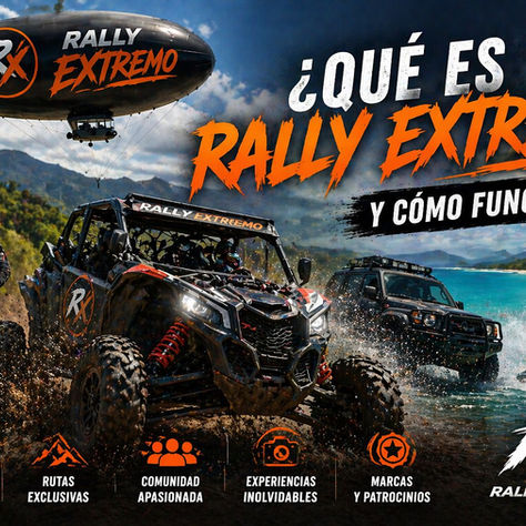 Vehículos 4x4, motocicleta y jet ski en acción durante Rally Extremo, con un zeppelín negro con el logo RX en el cielo, mostrando una experiencia extrema en montaña, playa y agua en República Dominicana.