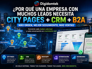 Imagen de Digidomtek que muestra por qué una empresa con muchos leads necesita city pages, CRM y una estrategia B2A para organizar contactos por ciudad, mejorar el seguimiento comercial y escalar ventas en múltiples zonas de República Dominicana.