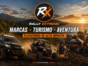 Escena realista de Rally Extremo en República Dominicana con vehículos 4x4, UTV y motocross en acción sobre terreno offroad, público presente, branding RX visible y paisaje de montaña y costa al atardecer, representando una plataforma de alto impacto.