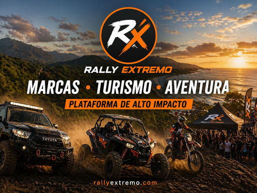 Escena realista de Rally Extremo en República Dominicana con vehículos 4x4, UTV y motocross en acción sobre terreno offroad, público presente, branding RX visible y paisaje de montaña y costa al atardecer, representando una plataforma de alto impacto.