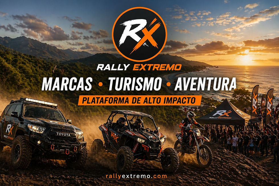 Escena realista de Rally Extremo en República Dominicana con vehículos 4x4, UTV y motocross en acción sobre terreno offroad, público presente, branding RX visible y paisaje de montaña y costa al atardecer, representando una plataforma de alto impacto.