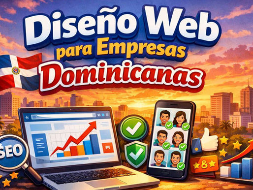 Ilustración digital para artículo sobre diseño web para empresas dominicanas, con bandera de República Dominicana, laptop con gráfico de crecimiento, celular con clientes verificados, iconos de SEO, confianza, reputación y aumento de visibilidad sobre un fondo urbano al atardecer.