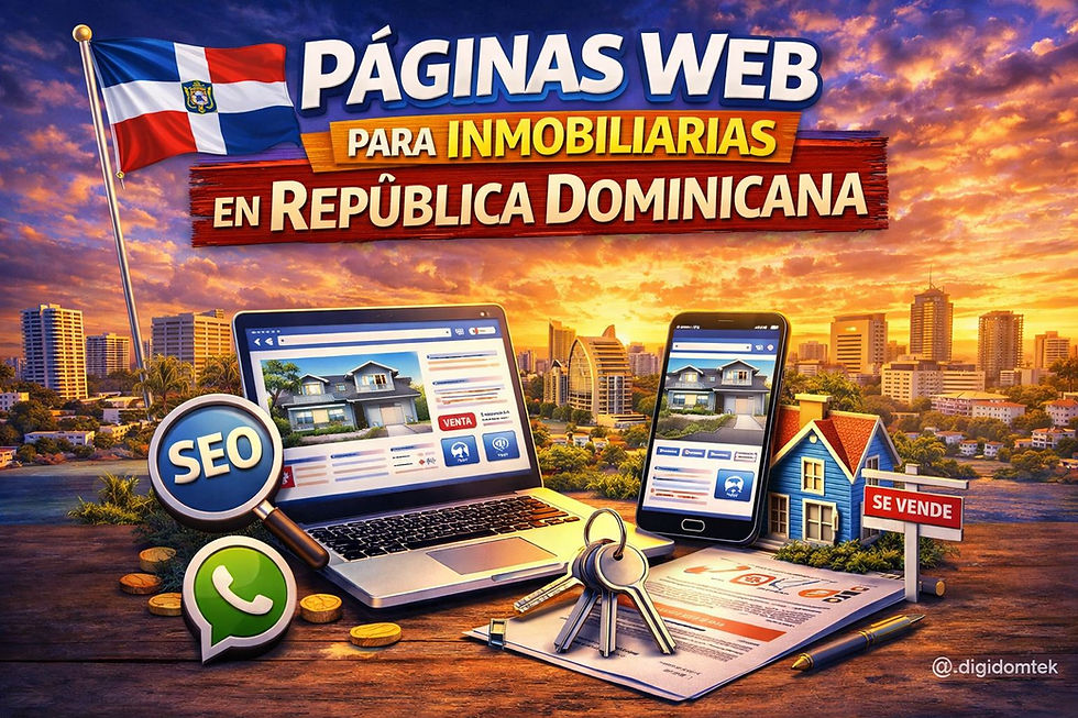 Ilustración digital para artículo sobre páginas web para inmobiliarias en República Dominicana, con bandera dominicana, laptop y celular mostrando propiedades, iconos de SEO, WhatsApp y Google, casa en venta, llaves y elementos inmobiliarios sobre un fondo urbano al atardecer.