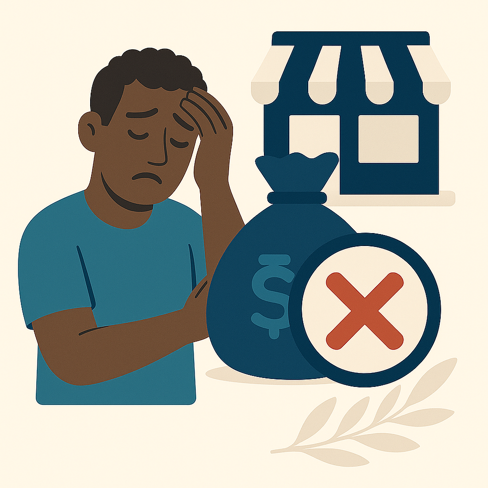 Ilustración de un cliente preocupado frente a una tienda; bolsa de dinero con una X, simbolizando pérdida por un negocio no verificado.