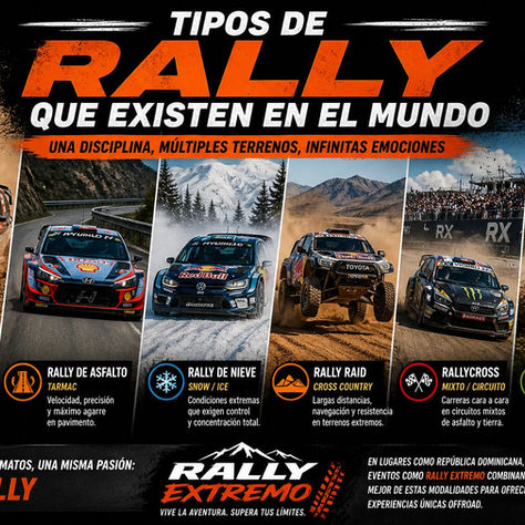 Tipos de rally en el mundo con vehículos en diferentes terrenos como tierra, asfalto, nieve y offroad extremo, representando el motorsport global.