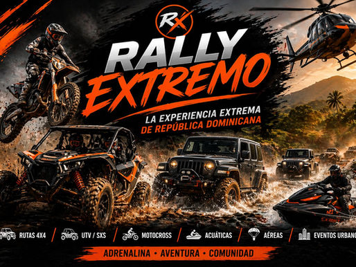 Imagen promocional de Rally Extremo con vehículos 4x4, UTV, motocross, jetski y helicóptero en una escena de aventura extrema en República Dominicana, usando los colores negro, naranja y blanco de la marca.