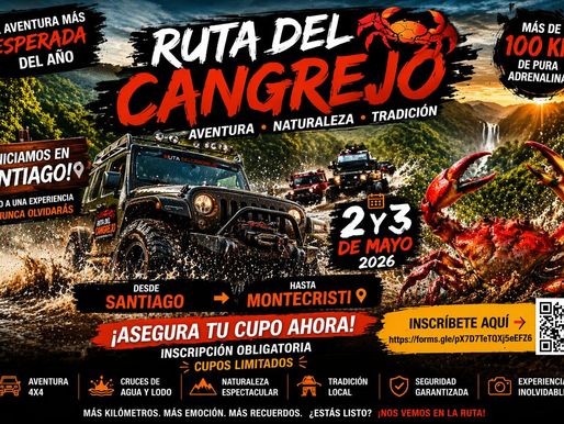 Imagen promocional de la Ruta del Cangrejo 2026 con salida desde Santiago hacia Montecristi, mostrando vehículos 4x4, naturaleza, agua, adrenalina, fecha del evento, inscripción obligatoria y código QR para registrarse.
