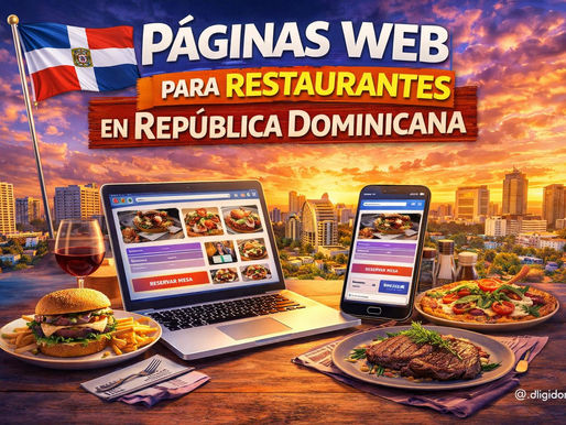 Ilustración digital para artículo sobre páginas web para restaurantes en República Dominicana, con bandera dominicana, laptop y celular mostrando menú y reservas, platos de comida, copa de vino y ambiente gastronómico sobre un fondo urbano al atardecer.