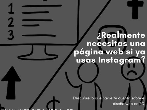 Ilustración en blanco y negro con estilo de dibujo a mano. A la izquierda, una pantalla muestra el ranking de Google (1, 2, 3) con flecha hacia arriba y símbolo de dinero, representando éxito gracias a una página web bien posicionada. A la derecha, personas confundidas y tristes frente a los logos de Instagram y Facebook, con un símbolo de prohibición y sin ingresos. Texto principal: “¿Realmente necesitas una página web si ya usas Instagram?”. Branding de Digidomtek en la parte superior.
