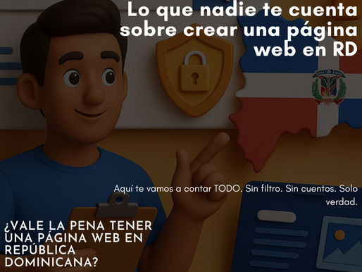 Ilustración digital en 3D que muestra a un hombre con portapapeles, una laptop con diseño de página web y un mapa de República Dominicana, representando servicios de creación de páginas web en RD.