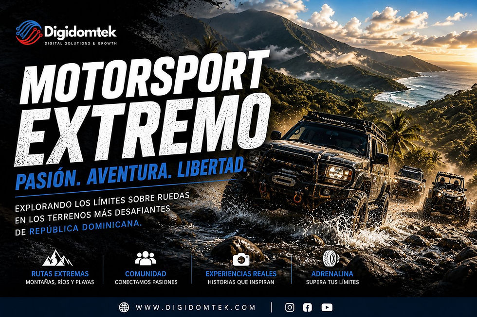Vehículos 4x4 atravesando un río en un entorno montañoso tropical en República Dominicana durante una ruta de motorsport extremo