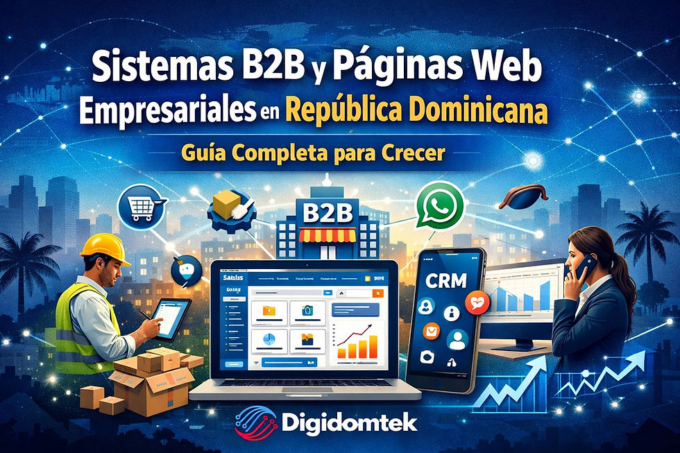 Ilustración digital de Digidomtek sobre sistemas B2B y páginas web empresariales en República Dominicana, con panel web, CRM, WhatsApp, analíticas de crecimiento y profesionales de negocios.