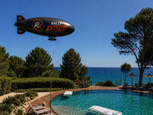 Zeppelin negro con los logos de Rally Extremo sobrevolando un resort costero con piscina, vegetación tropical y vista al mar, representando una experiencia extrema, moderna y exclusiva en República Dominicana.