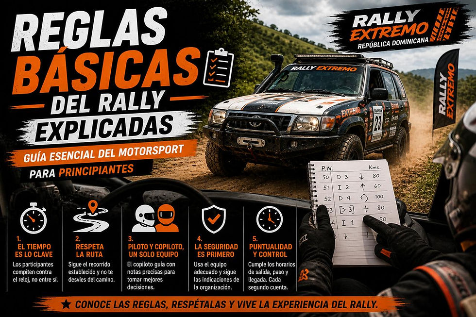 Reglas básicas del rally explicadas con vehículo 4x4 en ruta offroad, copiloto leyendo notas y elementos de seguridad en Rally Extremo.