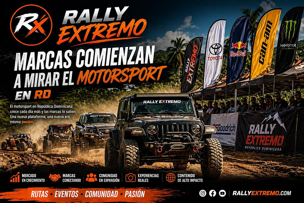Motorsport en República Dominicana con vehículos 4x4 en rally offroad Rally Extremo, mostrando el interés creciente de marcas y patrocinadores en eventos automotrices.