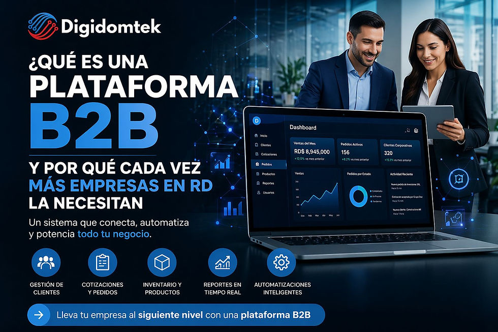 Imagen corporativa de Digidomtek sobre qué es una plataforma B2B, mostrando dashboard, automatización, cotizaciones, inventario y por qué cada vez más empresas en República Dominicana la necesitan para crecer.