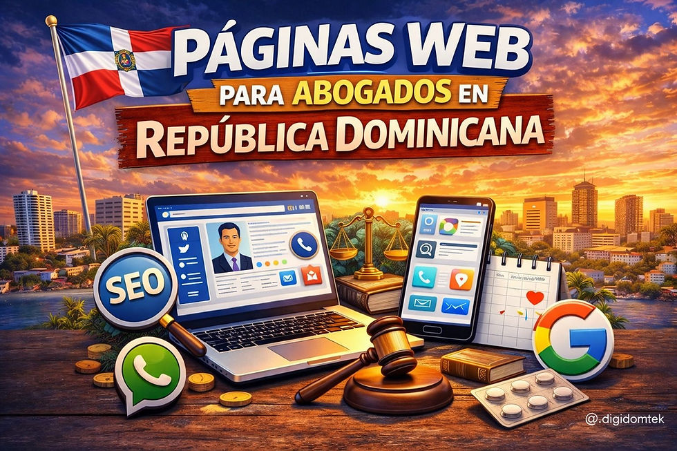 Ilustración digital para artículo sobre páginas web para abogados en República Dominicana, con bandera dominicana, laptop con perfil legal, celular con herramientas de contacto, iconos de SEO, WhatsApp, Google, mazo judicial y balanza sobre un fondo urbano al atardecer.