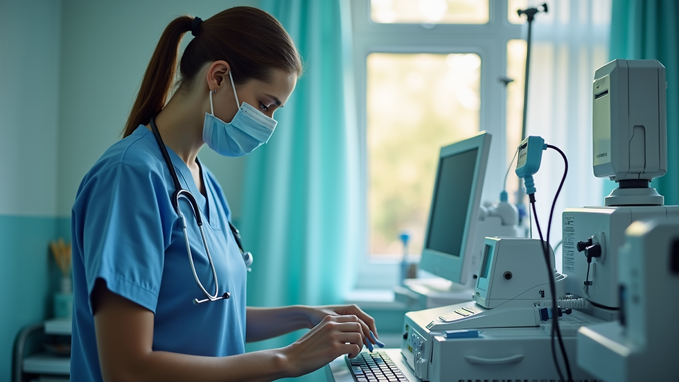 Eye-level view of a nurse preparing medical equipment in a home setting