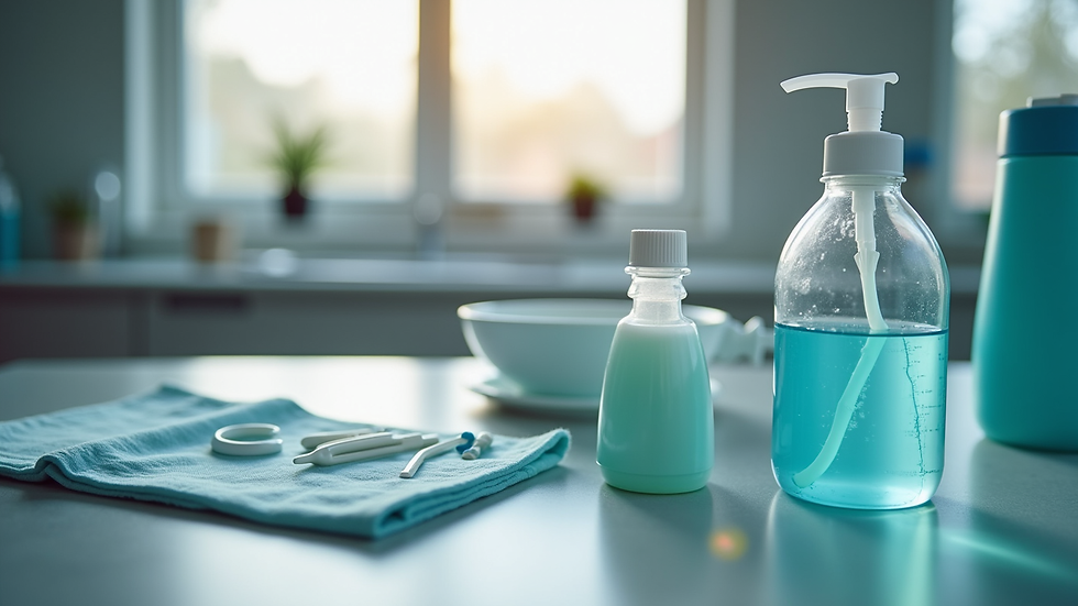 Close-up of medical supplies and equipment prepared for home nursing care