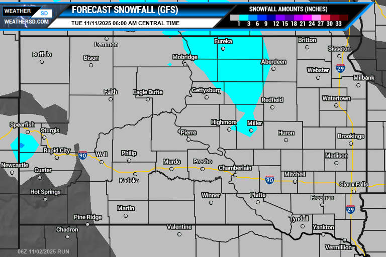 GFS forecast snowfall amounts ending 11-11-2025 at 6pm CT