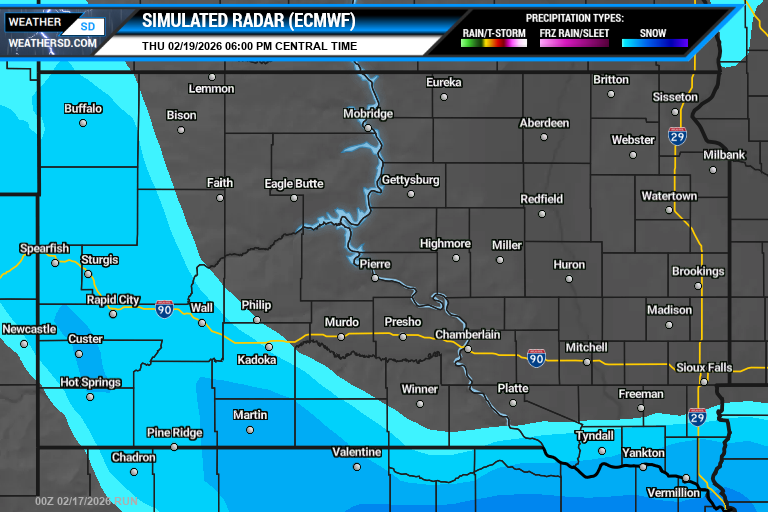 ECMWF (Euro) Simulated Radar 02-19-2026 at 6pm