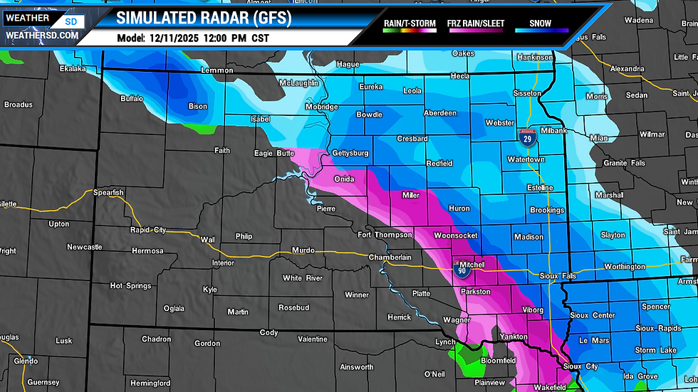GFS Simulated Radar Forecast for 12pm CST 12-11-2025 South Dakota