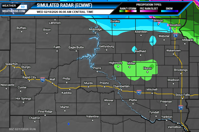 ECMWF (Euro) Simulated Radar 02-18-2026 at 6am