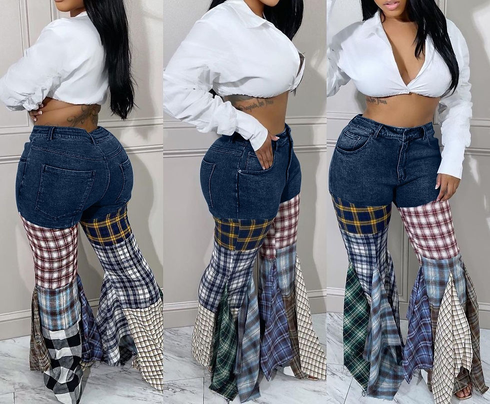 Thumbnail: Chic Blue Denim Ruffled Bell Bottom Jeans (Small - 2XL)