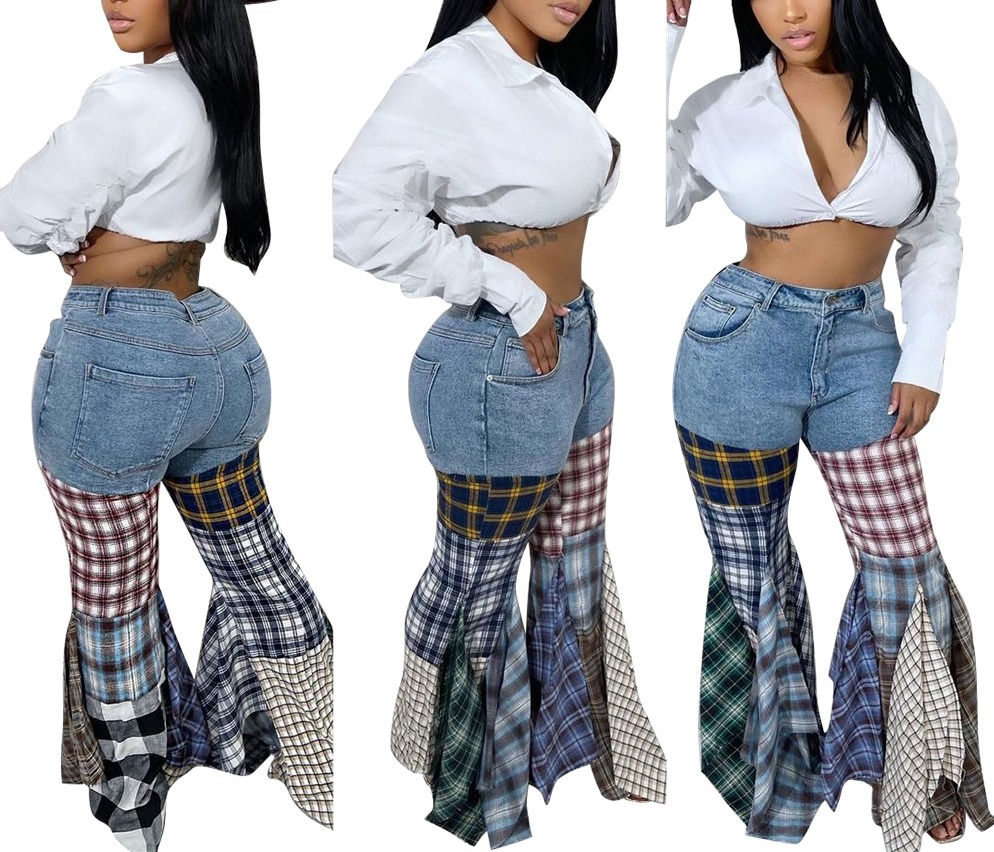 Chic Blue Denim Ruffled Bell Bottom Jeans (Pequeño - 2XL)