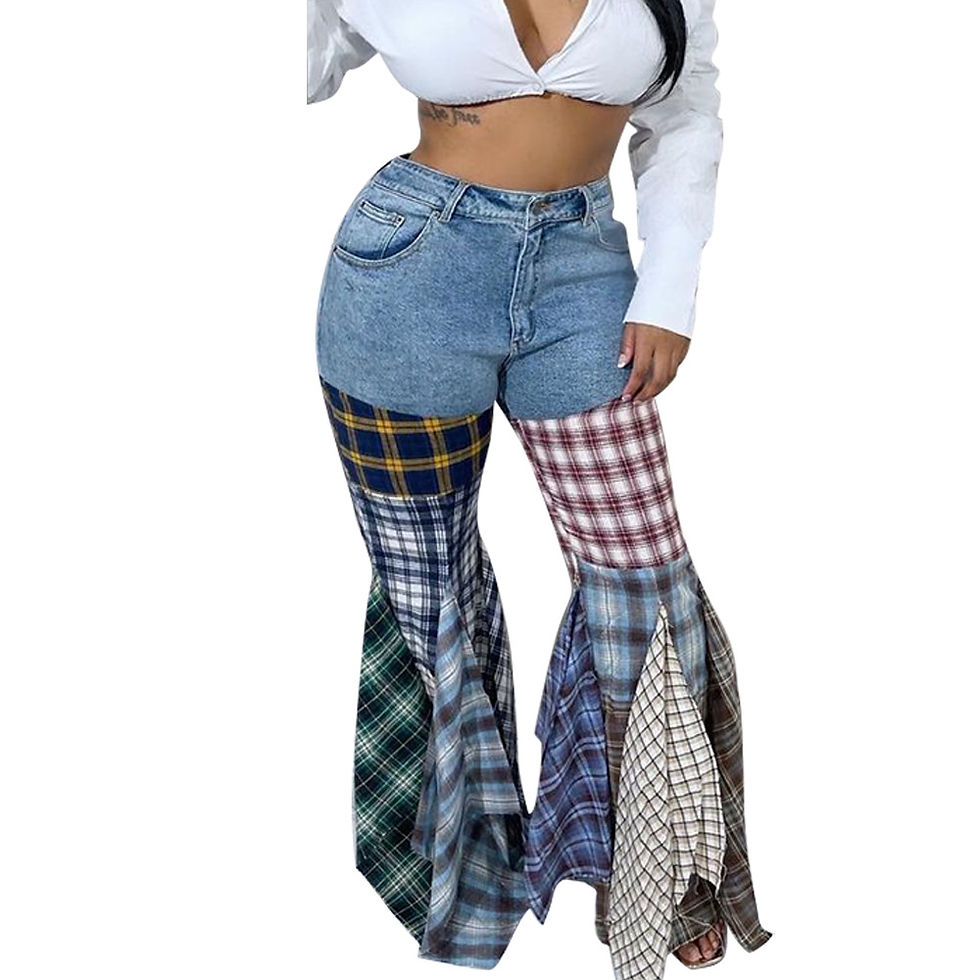 Thumbnail: Chic Blue Denim Ruffled Bell Bottom Jeans (Small - 2XL)