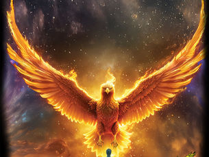 Golden Phoenix in the spirit realm, wings ablaze, gazing down upon the astral form of the Guardian Sentinel.