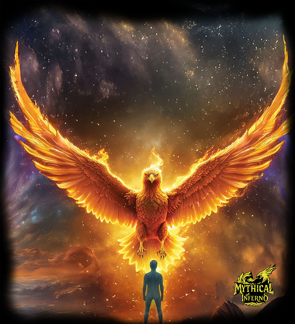 Golden Phoenix in the spirit realm, wings ablaze, gazing down upon the astral form of the Guardian Sentinel.