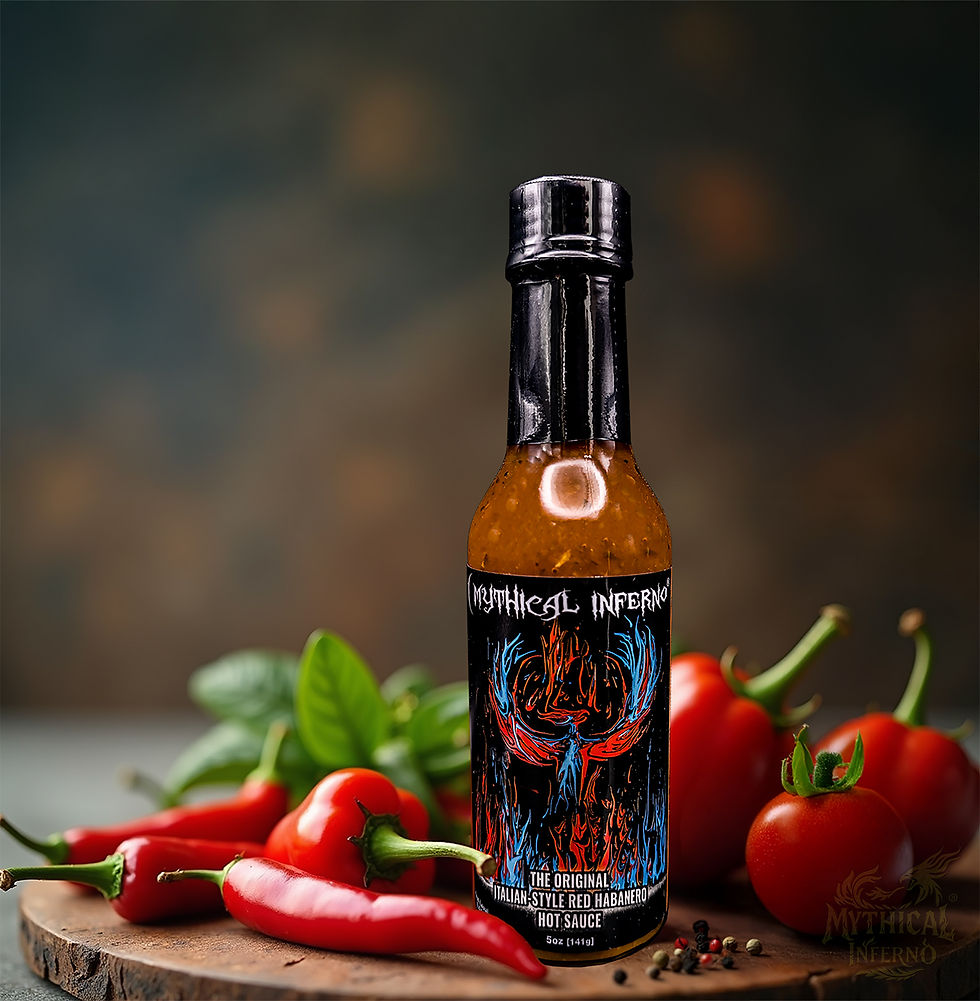 Close-up view of a bottle of hot sauce with fresh chili peppers