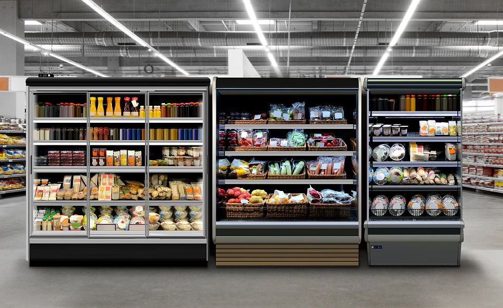 Commercial refrigerators different types of fridges. Photo, mock-up, Planogram. Juice, cof
