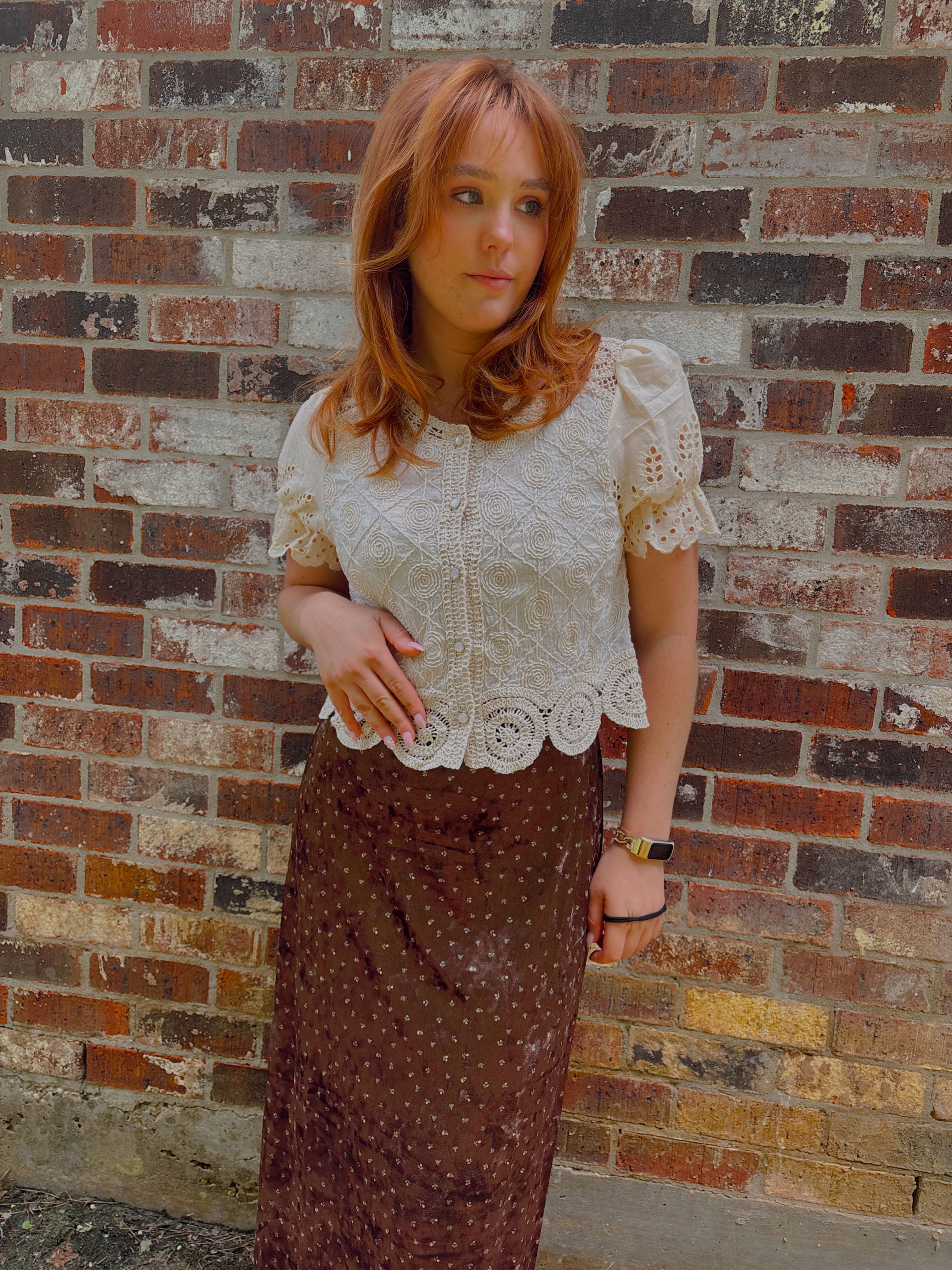 Brown Velvet Floral Midi Skirt