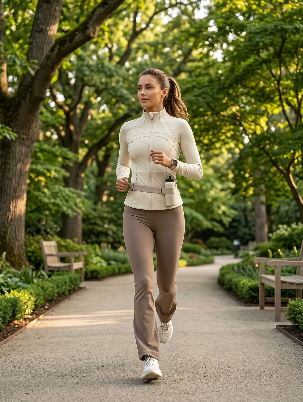 Mulher praticando corrida em um parque arborizado.