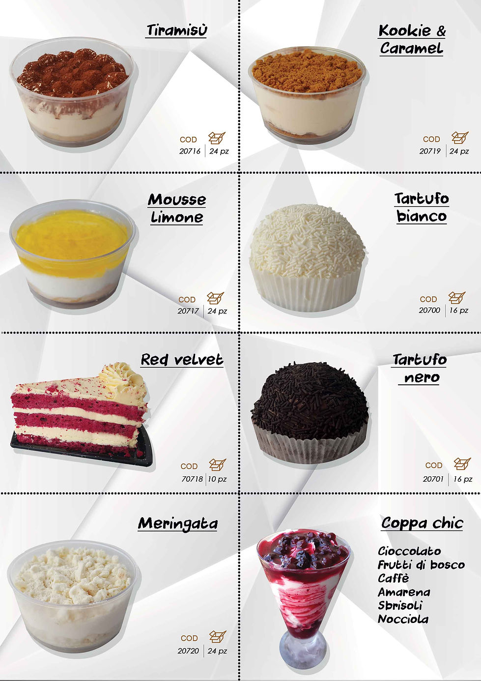 monoporzione, tiramisu, cookies and caramel, tartufo gelato, red velvet, coppa gelato chic, monoporzione meringa