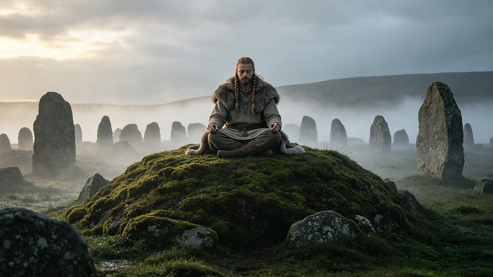 Artistic representation of a Viking Norseman sat on burial mound honoring his ancestors
