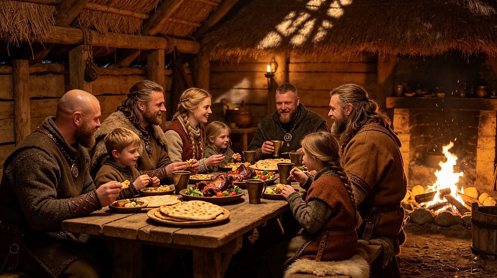 Artistic representation of Norse Viking family feasting.