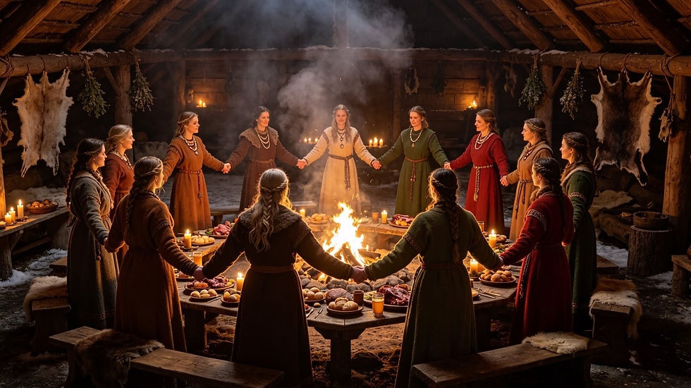 Artistic Representation of Nordic Viking women carrying out a Winter Nights ritual