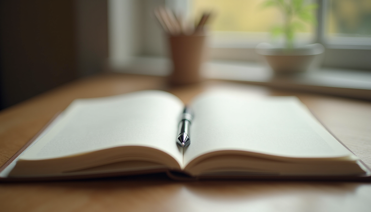 Close-up view of a journal and pen on a wooden desk with soft natural light