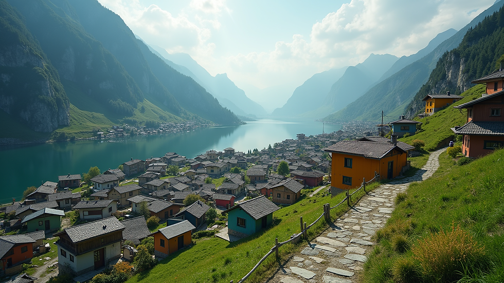 Eye-level view of a scenic mountain village with colourful houses
