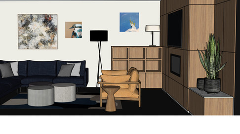 Living room interior design with built in cabinetry