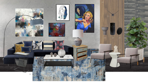 Maximalist interior design living room sample board