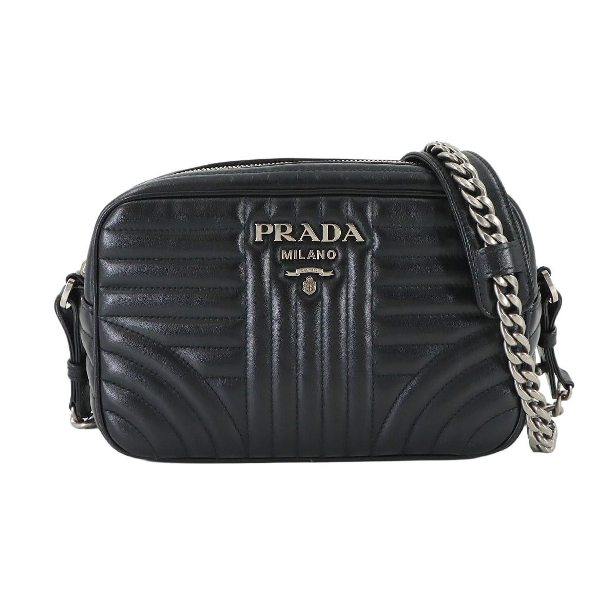 Prada Diagram Chain Shoulder Bag Leather Nero Black Silver Hardware